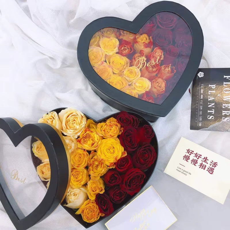 2-Piece Heart-Shaped Luxury Flower Gift Boxes – Floral Arrangements & Jewelry Storage with Transparent Window Lids - Cupid's Treasures