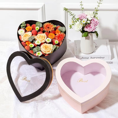 2-Piece Heart-Shaped Luxury Flower Gift Boxes – Floral Arrangements & Jewelry Storage with Transparent Window Lids - Cupid's Treasures