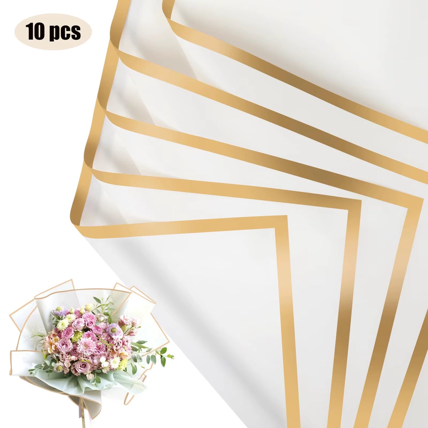 10 Sheets Golden Edge Flower Wrapping Paper – Waterproof Bouquet Packaging for Weddings, Birthdays & DIY - Cupid's Treasures