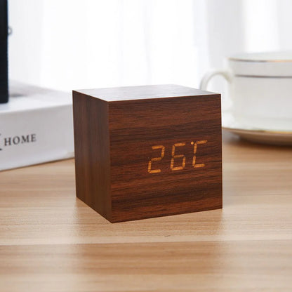 Minimalist Wooden LED Table Clock – Modern Alarm Clock with Voice Control & Temperature Display