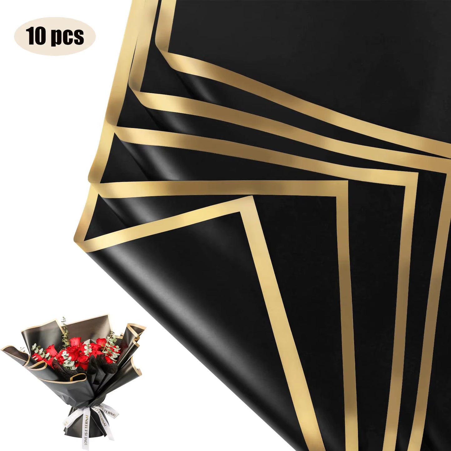 10 Sheets Golden Edge Flower Wrapping Paper – Waterproof Bouquet Packaging for Weddings, Birthdays & DIY - Cupid's Treasures