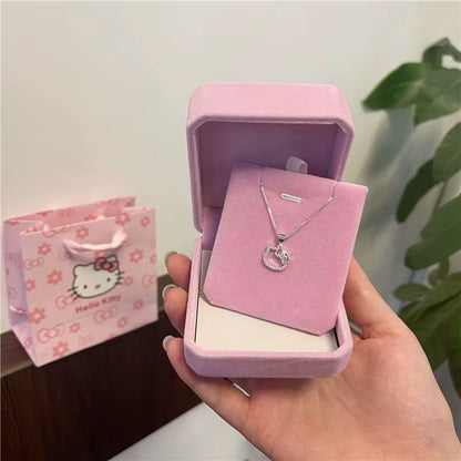 Kawaii Hello Kitty Sanrio Pink Crystal Necklace Silver 