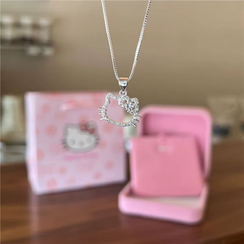 Kawaii Hello Kitty Sanrio Pink Crystal Necklace Silver 