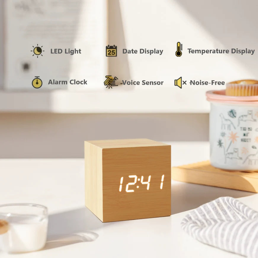 Minimalist Wooden LED Table Clock – Modern Alarm Clock with Voice Control & Temperature Display