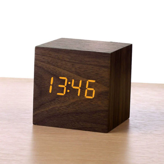 Minimalist Wooden LED Table Clock – Modern Alarm Clock with Voice Control & Temperature Display