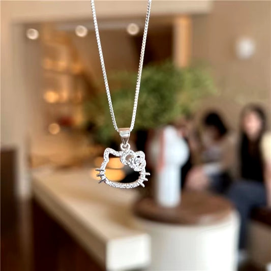 Kawaii Hello Kitty Sanrio Pink Crystal Necklace Silver 