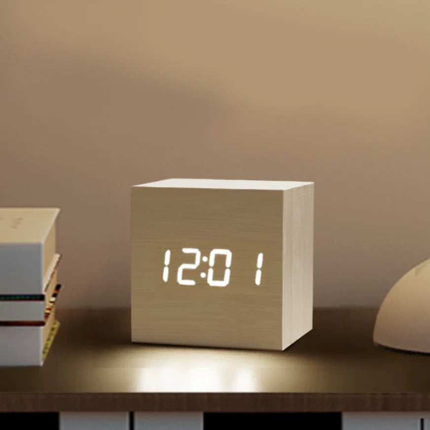 Minimalist Wooden LED Table Clock – Modern Alarm Clock with Voice Control & Temperature Display