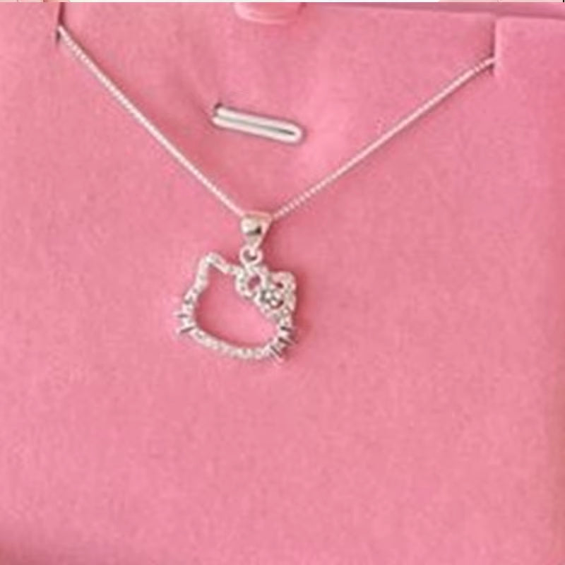 Kawaii Hello Kitty Sanrio Pink Crystal Necklace Silver 